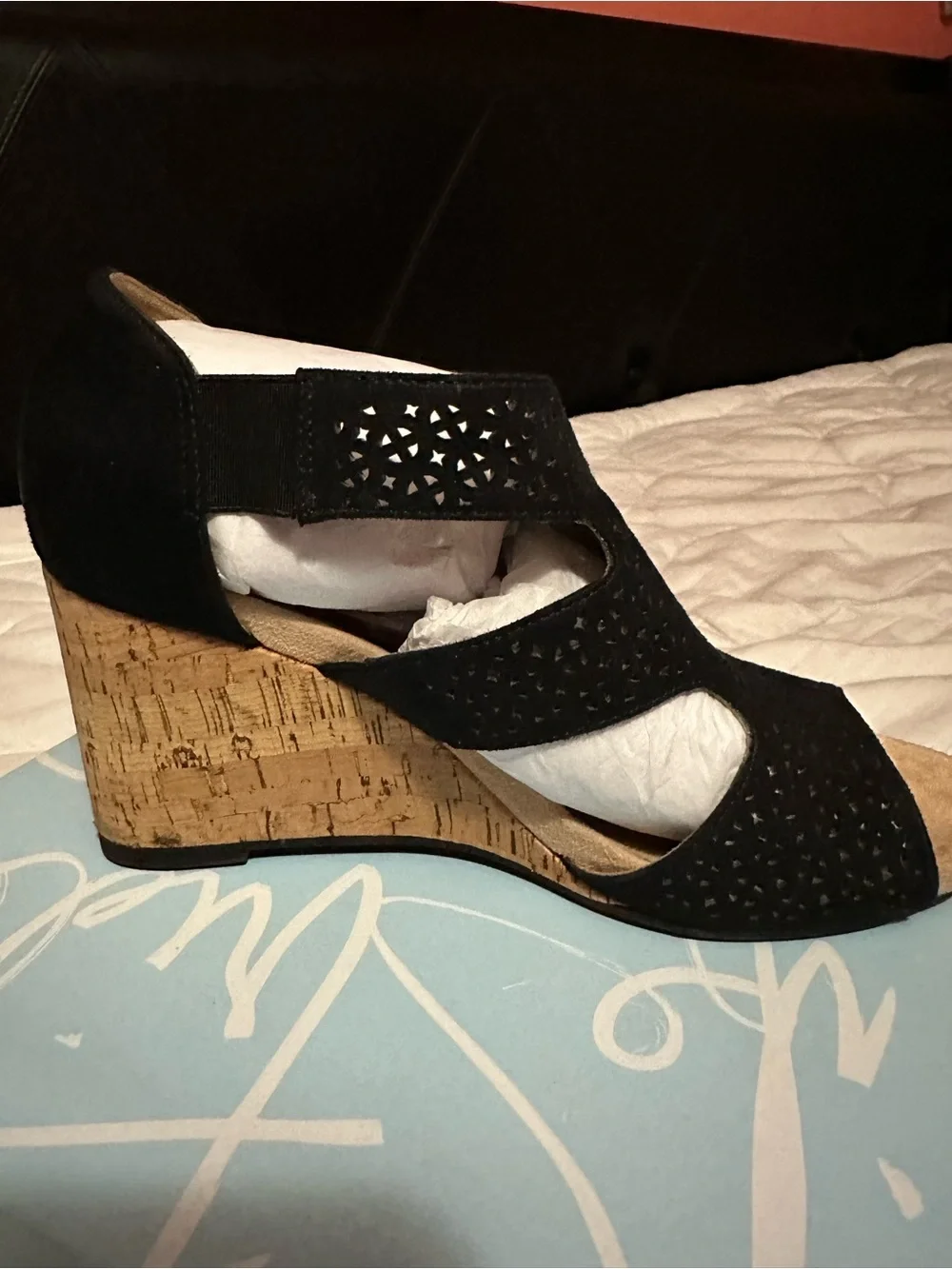 Life Stride Black Suede Cork Wedge Sandal with Laser-Cut Straps